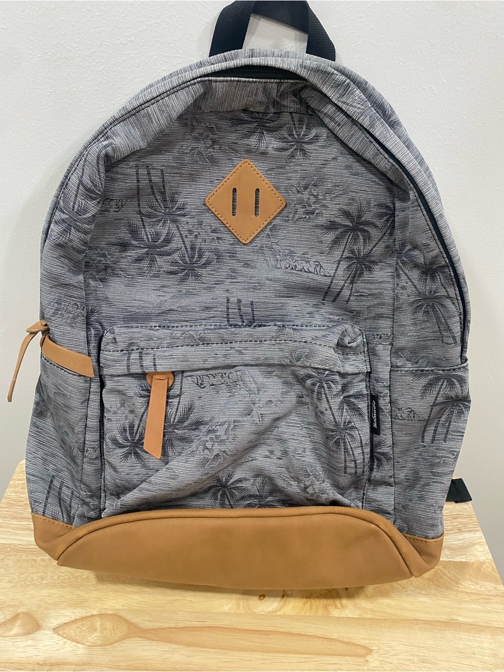 Grey Palm-Print Backpack with Tan Accents